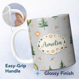 Personalized Custom Name Watercolor Forest Trees Mushrooms Sun Moon Stars Seamless Pattern 11oz Ceramic Coffee Tea Mug White Large Handle