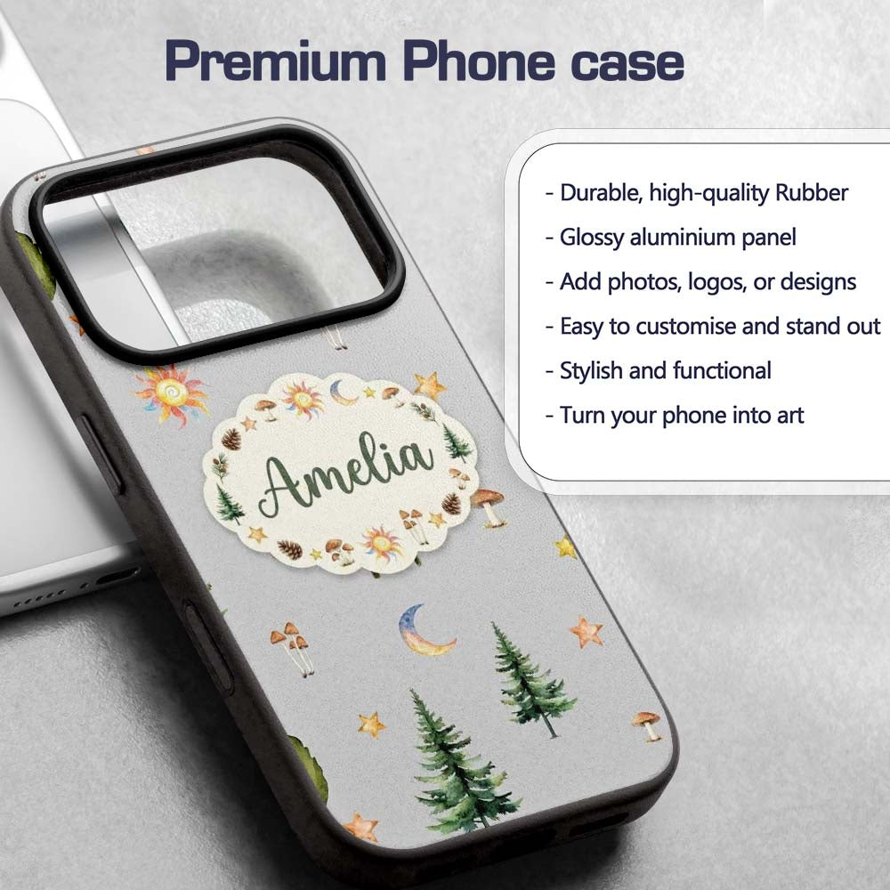 Watercolor Forest Trees Mushrooms Sun Moon Stars Custom Name Protective Phone Case Mobile Cover Durable Everyday Smartphone Shock Resistant