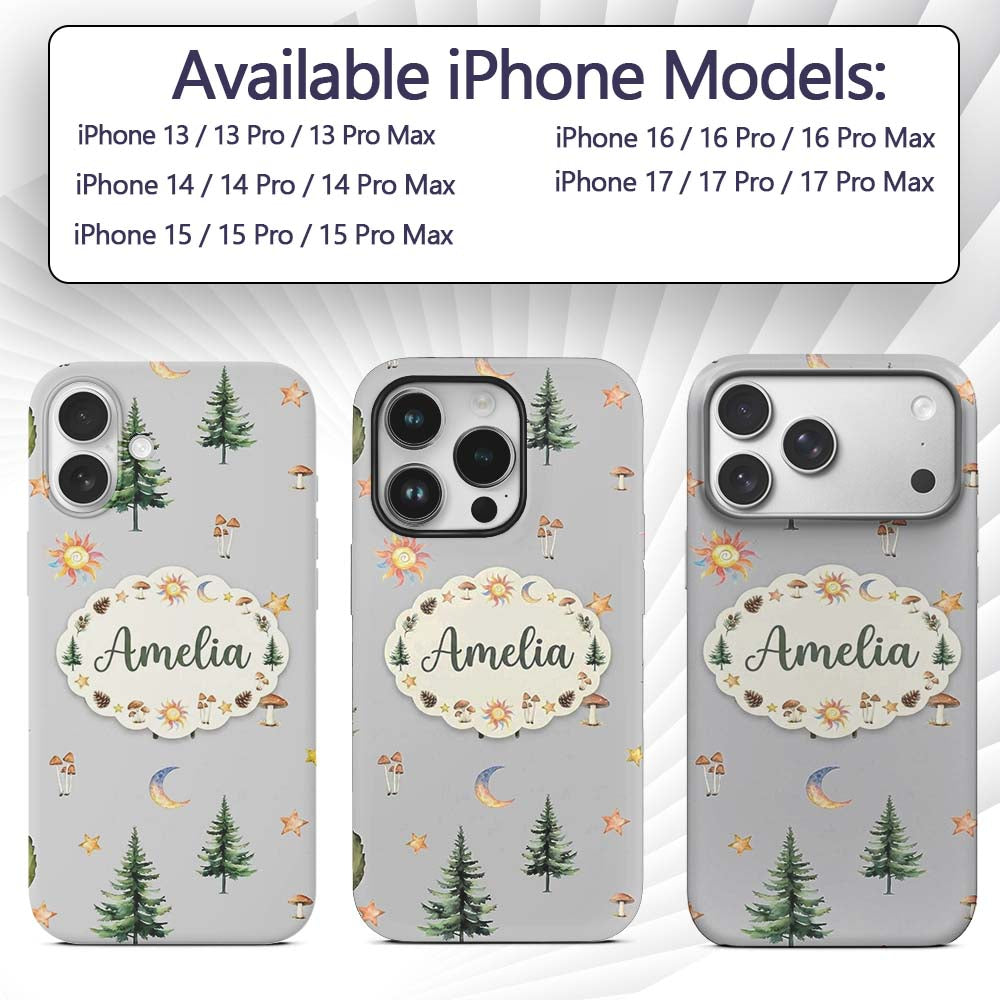 Watercolor Forest Trees Mushrooms Sun Moon Stars Custom Name Protective Phone Case Mobile Cover Durable Everyday Smartphone Shock Resistant