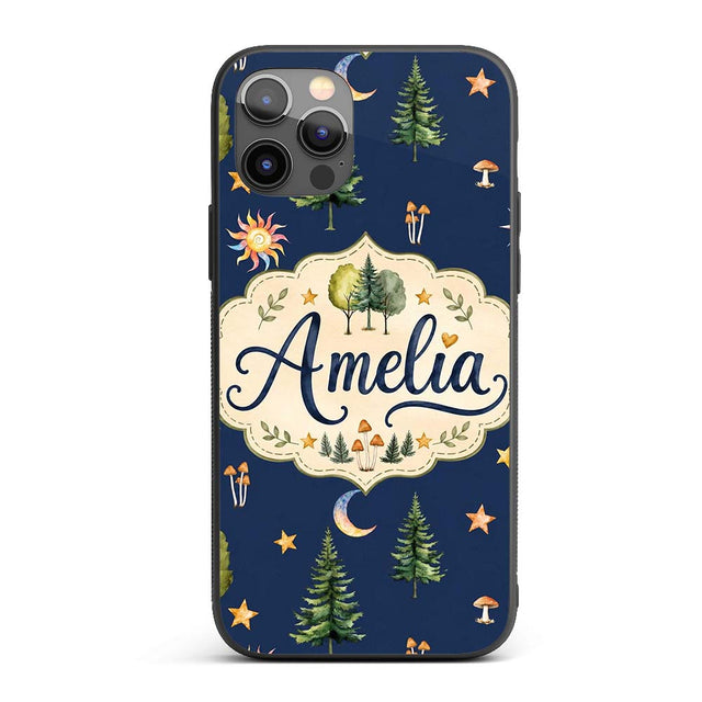 Watercolor Forest Trees Mushrooms Sun Moon Stars Custom Name Protective Phone Case Mobile Cover Durable Everyday Smartphone Shock Resistant