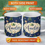 Personalized Custom Name Watercolor Forest Trees Mushrooms Sun Moon Stars Seamless Pattern 11oz Ceramic Coffee Tea Mug White Large Handle