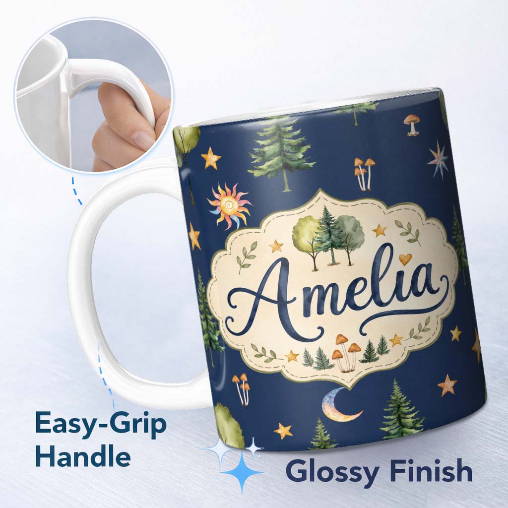 Personalized Custom Name Watercolor Forest Trees Mushrooms Sun Moon Stars Seamless Pattern 11oz Ceramic Coffee Tea Mug White Large Handle