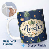 Personalized Custom Name Watercolor Forest Trees Mushrooms Sun Moon Stars Seamless Pattern 11oz Ceramic Coffee Tea Mug White Large Handle