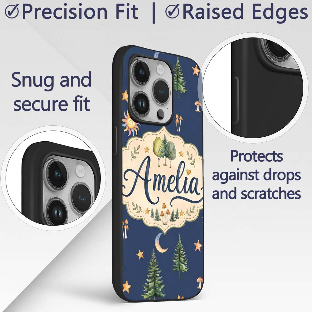 Watercolor Forest Trees Mushrooms Sun Moon Stars Custom Name Protective Phone Case Mobile Cover Durable Everyday Smartphone Shock Resistant