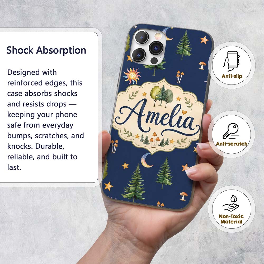 Watercolor Forest Trees Mushrooms Sun Moon Stars Custom Name Protective Phone Case Mobile Cover Durable Everyday Smartphone Shock Resistant