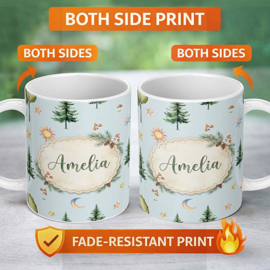 Personalized Custom Name Watercolor Forest Trees Mushrooms Sun Moon Stars Seamless Pattern 11oz Ceramic Coffee Tea Mug White Large Handle