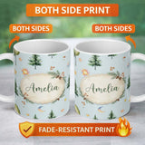 Personalized Custom Name Watercolor Forest Trees Mushrooms Sun Moon Stars Seamless Pattern 11oz Ceramic Coffee Tea Mug White Large Handle