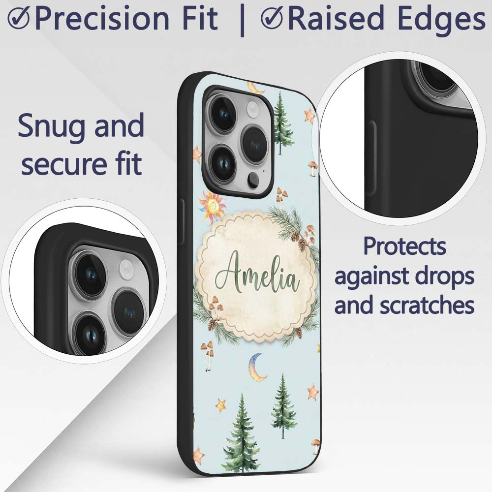 Watercolor Forest Trees Mushrooms Sun Moon Stars Custom Name Protective Phone Case Mobile Cover Durable Everyday Smartphone Shock Resistant