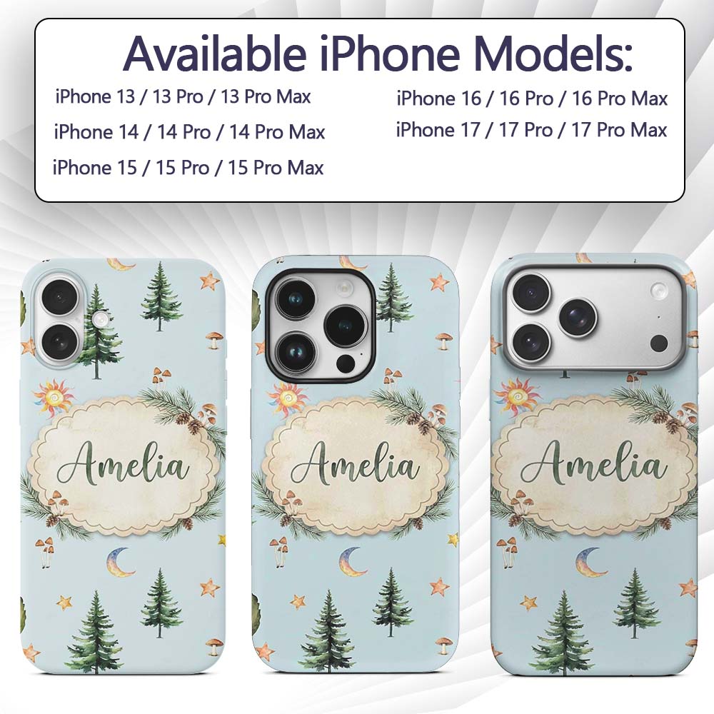 Watercolor Forest Trees Mushrooms Sun Moon Stars Custom Name Protective Phone Case Mobile Cover Durable Everyday Smartphone Shock Resistant