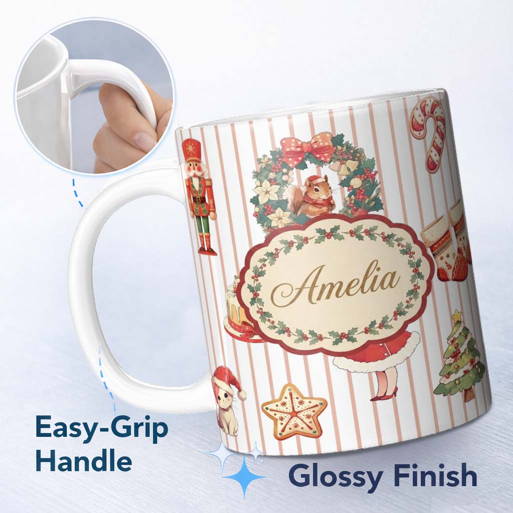 Personalized Custom Name Christmas Nutcracker Squirrel Cake Candy Cane Girl Tree Beige Stripe 11oz Ceramic Coffee Tea Mug White Large Handle