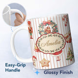 Personalized Custom Name Christmas Nutcracker Squirrel Cake Candy Cane Girl Tree Beige Stripe 11oz Ceramic Coffee Tea Mug White Large Handle