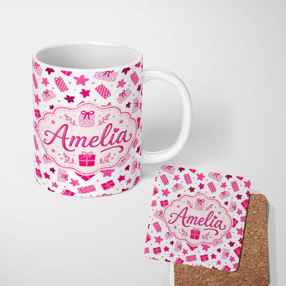 Personalized Custom Name Cute Pink Gift Boxes Stars Festive Christmas Seamless Pattern Lovely 11oz Ceramic Coffee Tea Mug White Large Handle