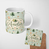 Personalized Custom Name Watercolor Forest Trees Mushrooms Sun Moon Stars Seamless Pattern 11oz Ceramic Coffee Tea Mug White Large Handle