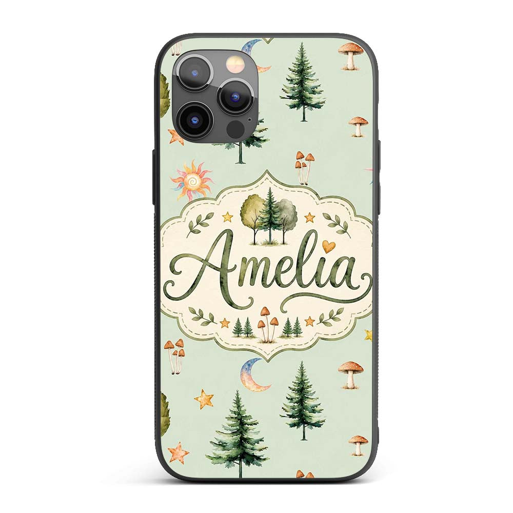 Watercolor Forest Trees Mushrooms Sun Moon Stars Custom Name Protective Phone Case Mobile Cover Durable Everyday Smartphone Shock Resistant