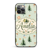 Watercolor Forest Trees Mushrooms Sun Moon Stars Custom Name Protective Phone Case Mobile Cover Durable Everyday Smartphone Shock Resistant