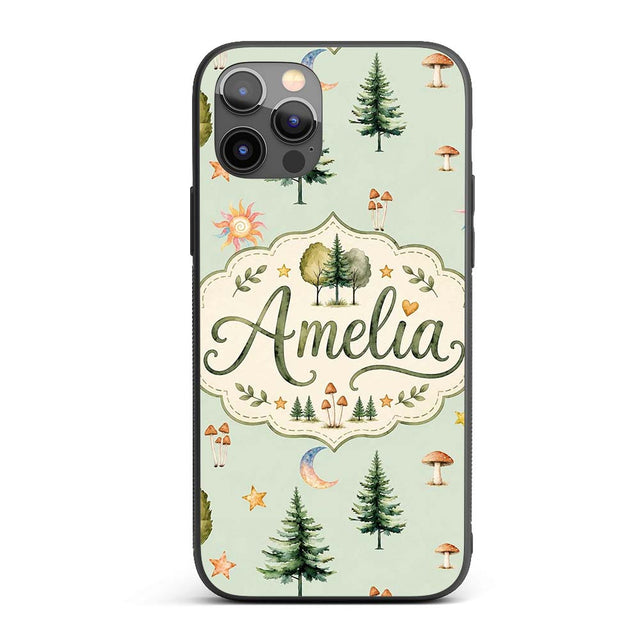 Watercolor Forest Trees Mushrooms Sun Moon Stars Custom Name Protective Phone Case Mobile Cover Durable Everyday Smartphone Shock Resistant