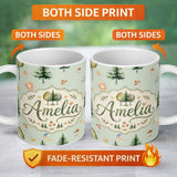 Personalized Custom Name Watercolor Forest Trees Mushrooms Sun Moon Stars Seamless Pattern 11oz Ceramic Coffee Tea Mug White Large Handle