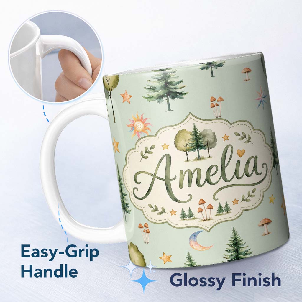 Personalized Custom Name Watercolor Forest Trees Mushrooms Sun Moon Stars Seamless Pattern 11oz Ceramic Coffee Tea Mug White Large Handle