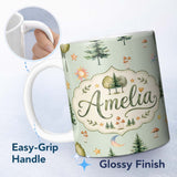 Personalized Custom Name Watercolor Forest Trees Mushrooms Sun Moon Stars Seamless Pattern 11oz Ceramic Coffee Tea Mug White Large Handle