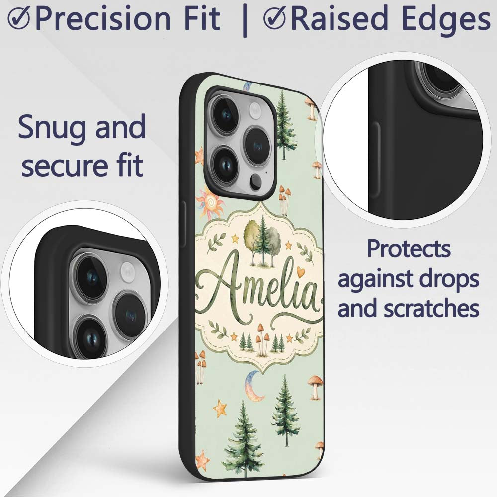 Watercolor Forest Trees Mushrooms Sun Moon Stars Custom Name Protective Phone Case Mobile Cover Durable Everyday Smartphone Shock Resistant