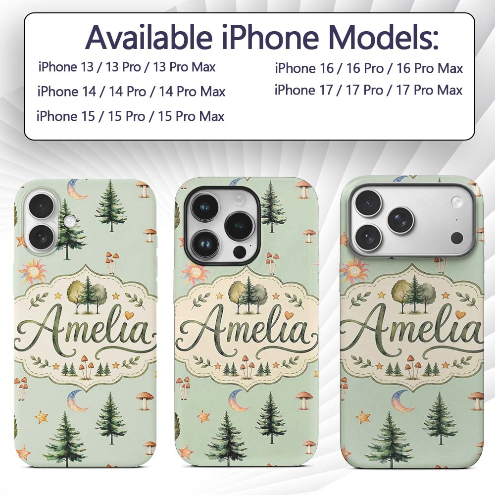 Watercolor Forest Trees Mushrooms Sun Moon Stars Custom Name Protective Phone Case Mobile Cover Durable Everyday Smartphone Shock Resistant