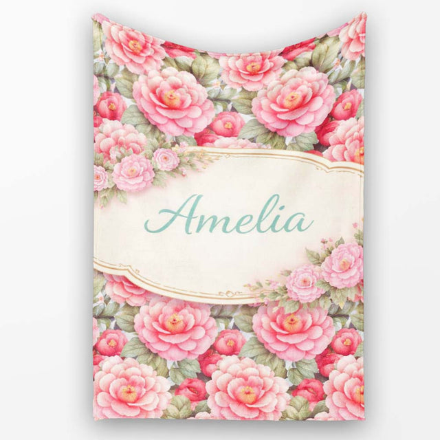 Watercolor Pink Camellia Floral Seamless Pattern Cute Unique Gift  Personalised Custom Name Super Soft Fleece Blanket Bed Sofa Throw