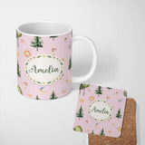 Personalized Custom Name Watercolor Forest Trees Mushrooms Sun Moon Stars Seamless Pattern 11oz Ceramic Coffee Tea Mug White Large Handle