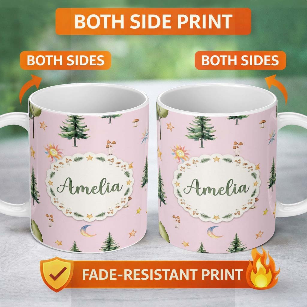 Personalized Custom Name Watercolor Forest Trees Mushrooms Sun Moon Stars Seamless Pattern 11oz Ceramic Coffee Tea Mug White Large Handle