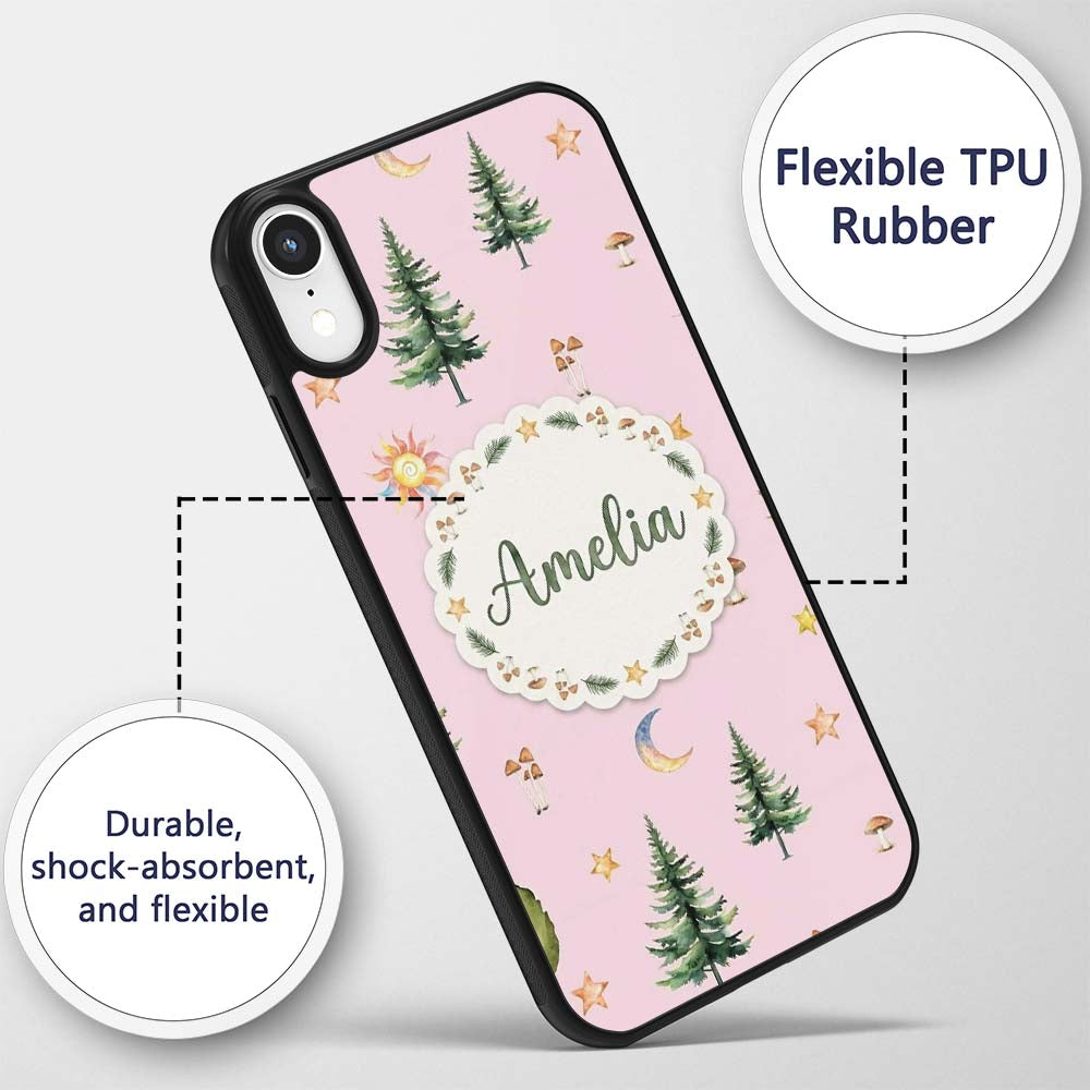 Watercolor Forest Trees Mushrooms Sun Moon Stars Custom Name Protective Phone Case Mobile Cover Durable Everyday Smartphone Shock Resistant