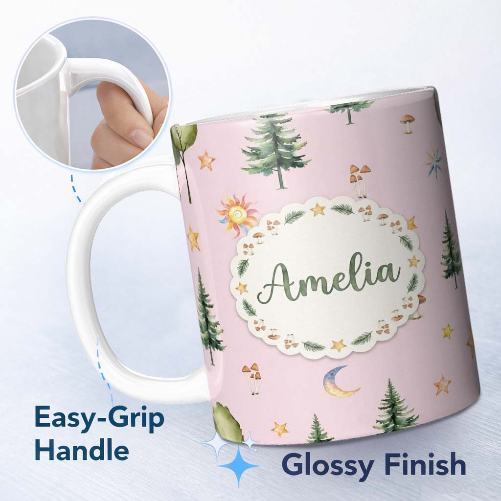 Personalized Custom Name Watercolor Forest Trees Mushrooms Sun Moon Stars Seamless Pattern 11oz Ceramic Coffee Tea Mug White Large Handle