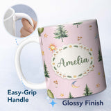 Personalized Custom Name Watercolor Forest Trees Mushrooms Sun Moon Stars Seamless Pattern 11oz Ceramic Coffee Tea Mug White Large Handle