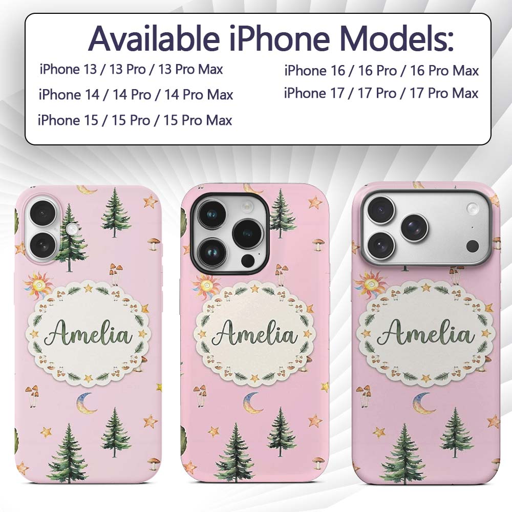 Watercolor Forest Trees Mushrooms Sun Moon Stars Custom Name Protective Phone Case Mobile Cover Durable Everyday Smartphone Shock Resistant