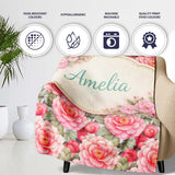 Watercolor Pink Camellia Floral Seamless Pattern Cute Unique Gift  Personalised Custom Name Super Soft Fleece Blanket Bed Sofa Throw