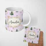 Personalized Custom Name Watercolor Forest Trees Mushrooms Sun Moon Stars Seamless Pattern 11oz Ceramic Coffee Tea Mug White Large Handle