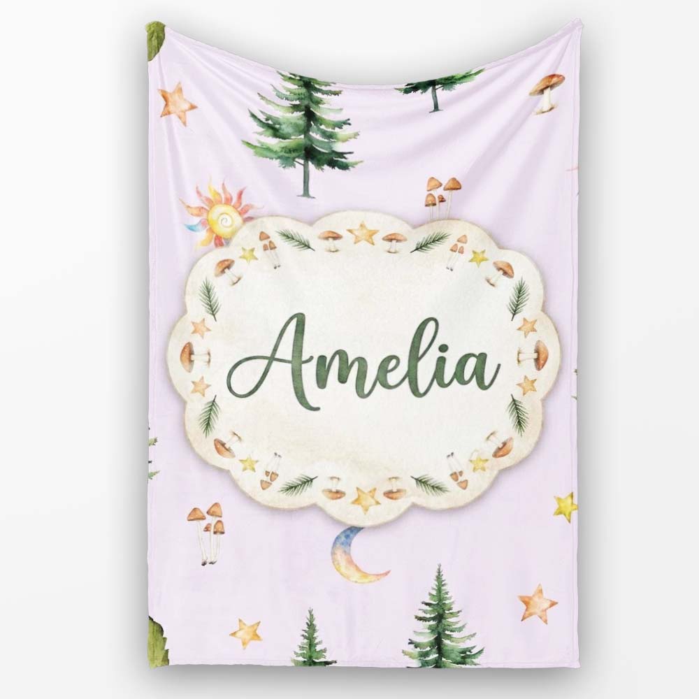 Watercolor Forest Trees Mushrooms Sun Moon Stars Seamless Pattern  Personalised Custom Name Super Soft Fleece Blanket Bed Sofa Throw