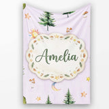 Watercolor Forest Trees Mushrooms Sun Moon Stars Seamless Pattern  Personalised Custom Name Super Soft Fleece Blanket Bed Sofa Throw
