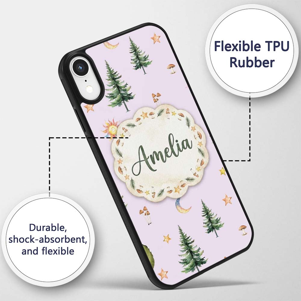 Watercolor Forest Trees Mushrooms Sun Moon Stars Custom Name Protective Phone Case Mobile Cover Durable Everyday Smartphone Shock Resistant