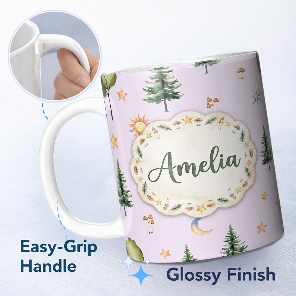Personalized Custom Name Watercolor Forest Trees Mushrooms Sun Moon Stars Seamless Pattern 11oz Ceramic Coffee Tea Mug White Large Handle