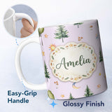 Personalized Custom Name Watercolor Forest Trees Mushrooms Sun Moon Stars Seamless Pattern 11oz Ceramic Coffee Tea Mug White Large Handle