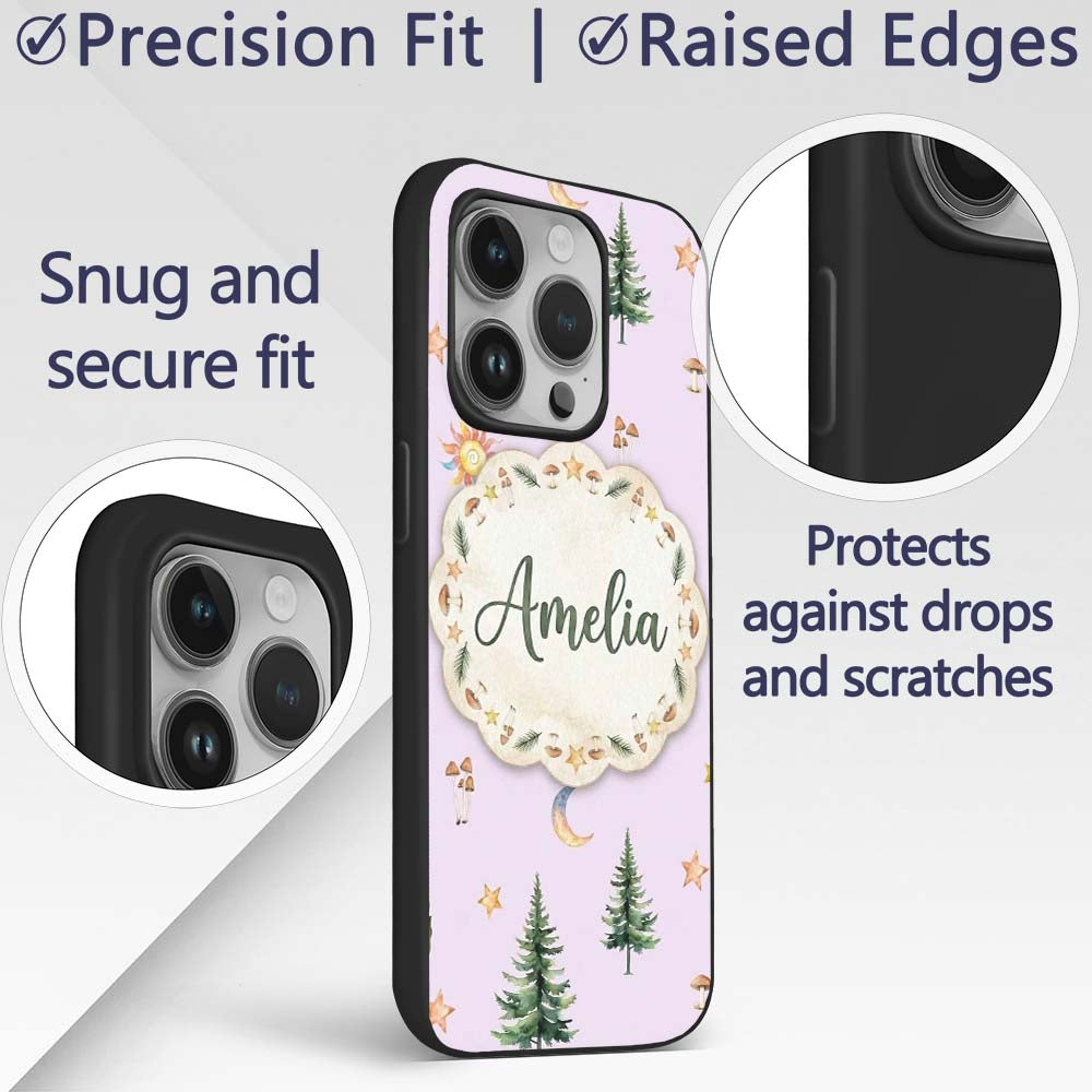 Watercolor Forest Trees Mushrooms Sun Moon Stars Custom Name Protective Phone Case Mobile Cover Durable Everyday Smartphone Shock Resistant