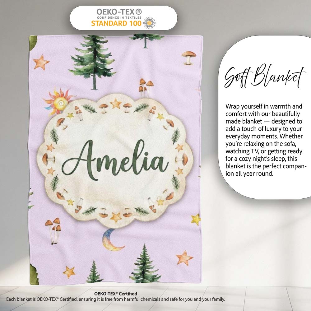 Watercolor Forest Trees Mushrooms Sun Moon Stars Seamless Pattern  Personalised Custom Name Super Soft Fleece Blanket Bed Sofa Throw