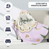 Watercolor Forest Trees Mushrooms Sun Moon Stars Seamless Pattern  Personalised Custom Name Super Soft Fleece Blanket Bed Sofa Throw