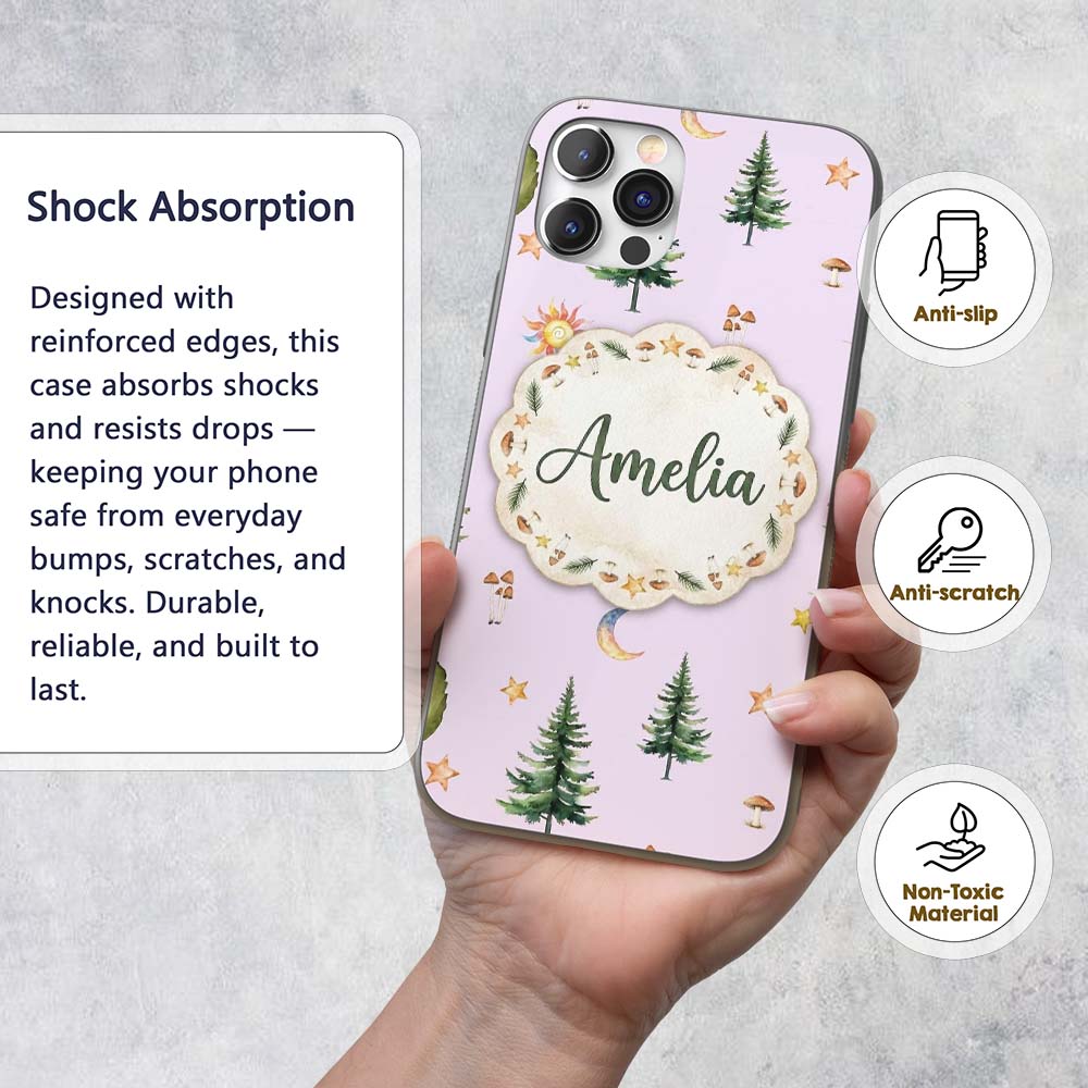 Watercolor Forest Trees Mushrooms Sun Moon Stars Custom Name Protective Phone Case Mobile Cover Durable Everyday Smartphone Shock Resistant