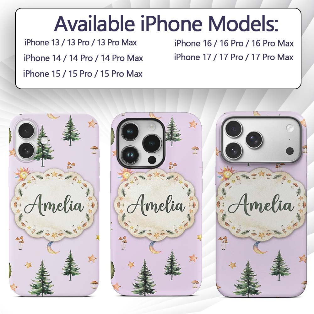 Watercolor Forest Trees Mushrooms Sun Moon Stars Custom Name Protective Phone Case Mobile Cover Durable Everyday Smartphone Shock Resistant