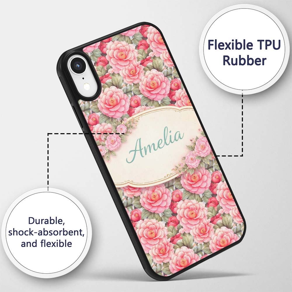 Watercolor Pink Camellia Floral Seamless Pattern Custom Name Protective Phone Case Mobile Cover Durable Everyday Smartphone Shock Resistant