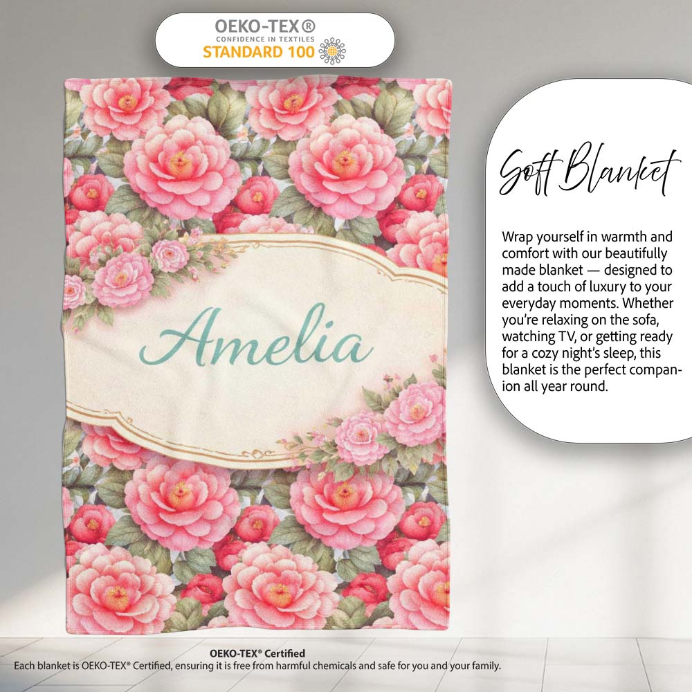 Watercolor Pink Camellia Floral Seamless Pattern Cute Unique Gift  Personalised Custom Name Super Soft Fleece Blanket Bed Sofa Throw