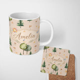 Personalized Custom Name Watercolor Forest Trees Mushrooms Sun Moon Stars Seamless Pattern 11oz Ceramic Coffee Tea Mug White Large Handle