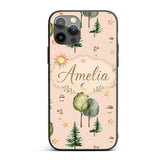 Watercolor Forest Trees Mushrooms Sun Moon Stars Custom Name Protective Phone Case Mobile Cover Durable Everyday Smartphone Shock Resistant