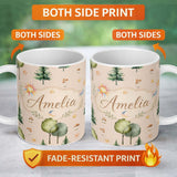 Personalized Custom Name Watercolor Forest Trees Mushrooms Sun Moon Stars Seamless Pattern 11oz Ceramic Coffee Tea Mug White Large Handle