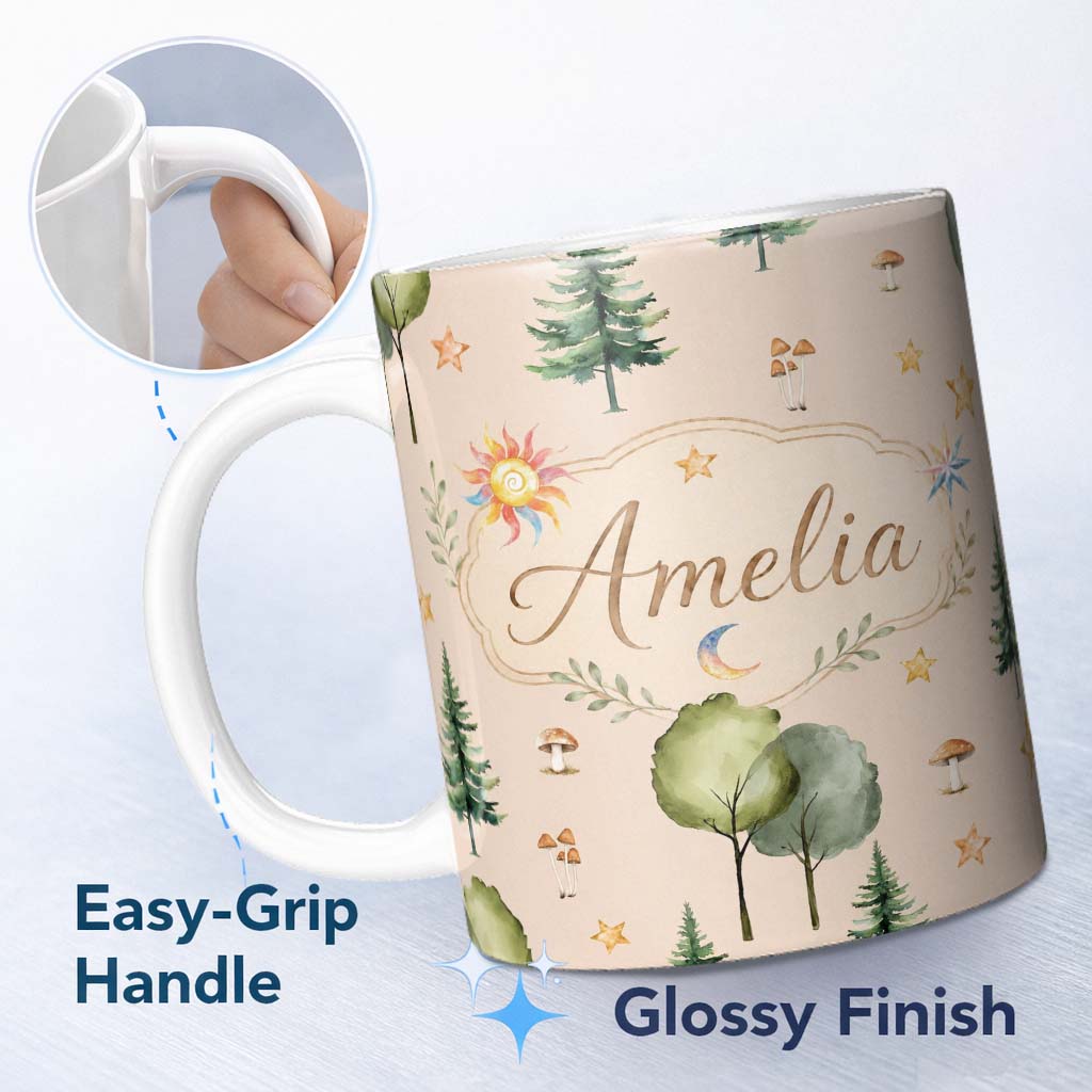 Personalized Custom Name Watercolor Forest Trees Mushrooms Sun Moon Stars Seamless Pattern 11oz Ceramic Coffee Tea Mug White Large Handle